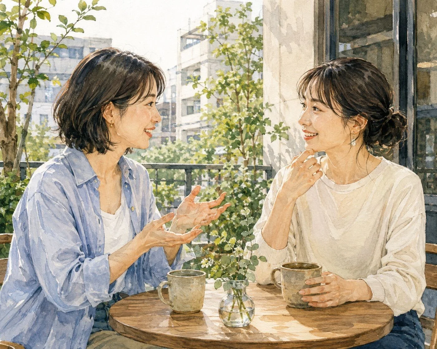 バルコニーで会話をする二人の女性
