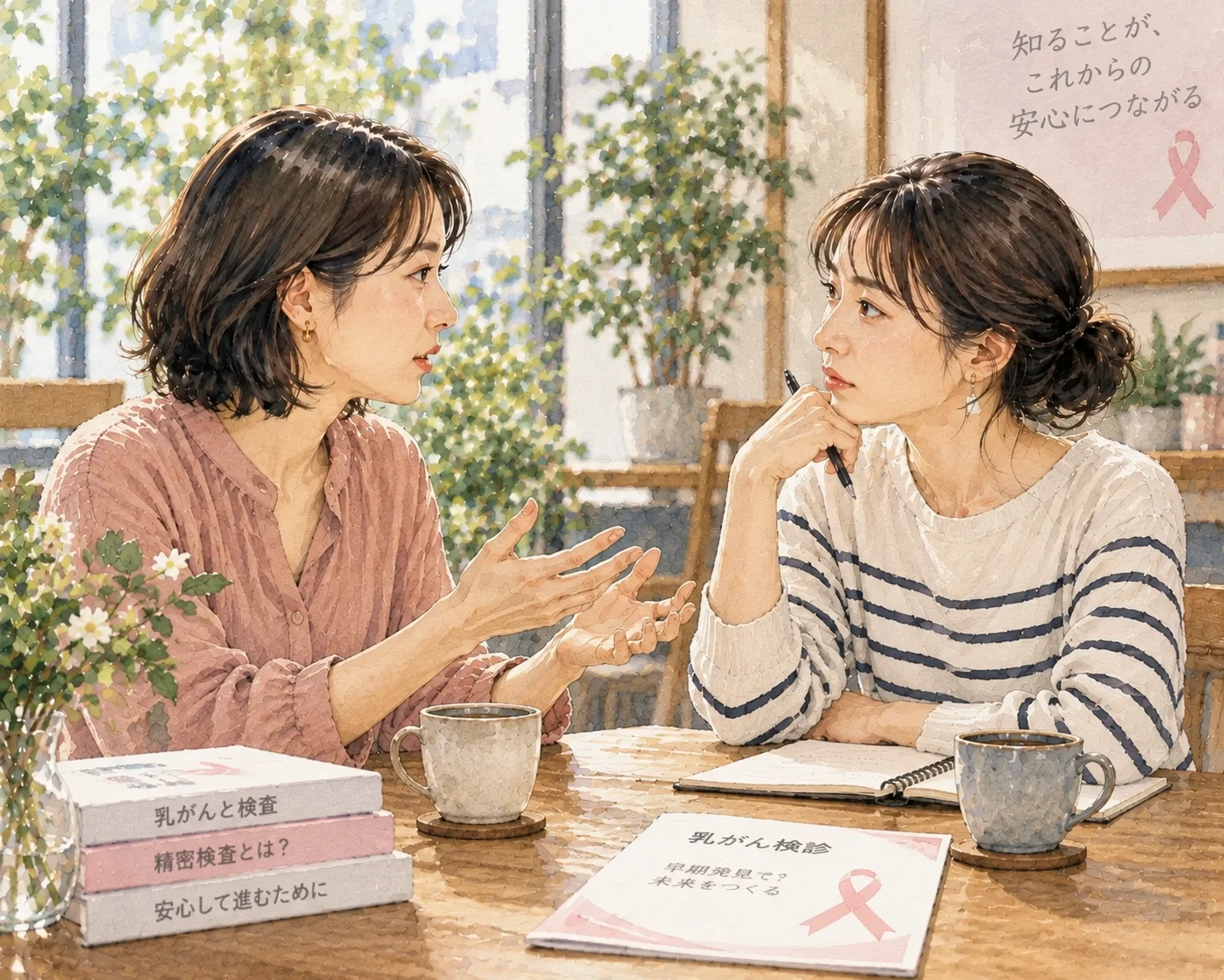 カフェで精密検査について話し合う二人の女性